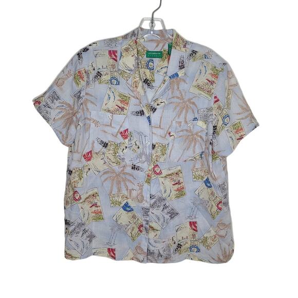Liz Claiborne Liz Golf postcard linen blend short sleeve buttondown shirt- large - Picture 1 of 5